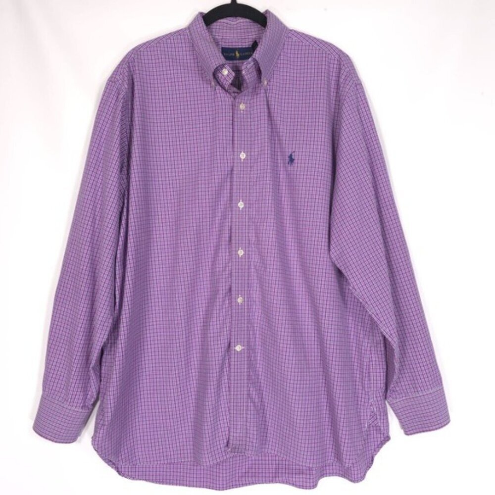RALPH LAUREN Men’s Shirt Plaid Purple Cotton LS Button Down Size‎ 17.5 34/35